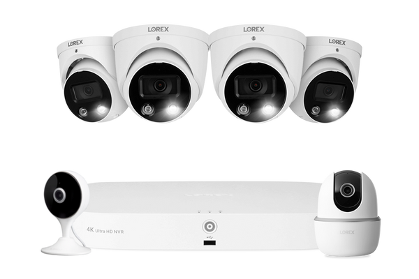 Lorex Fusion 4K 16 Camera Capable (8 Wired + 8 Wi-Fi) 2TB NVR System with 4 Smart Deterrence Dome Cameras, One 2K Pan-Tilt Cmaera, and One 2K Indoor Wi-Fi Camera